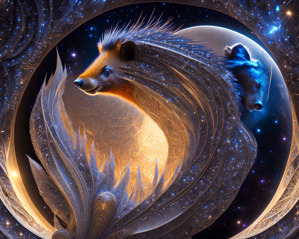 Surreal digital artwork: golden fox, blue bear, cosmic backdrop