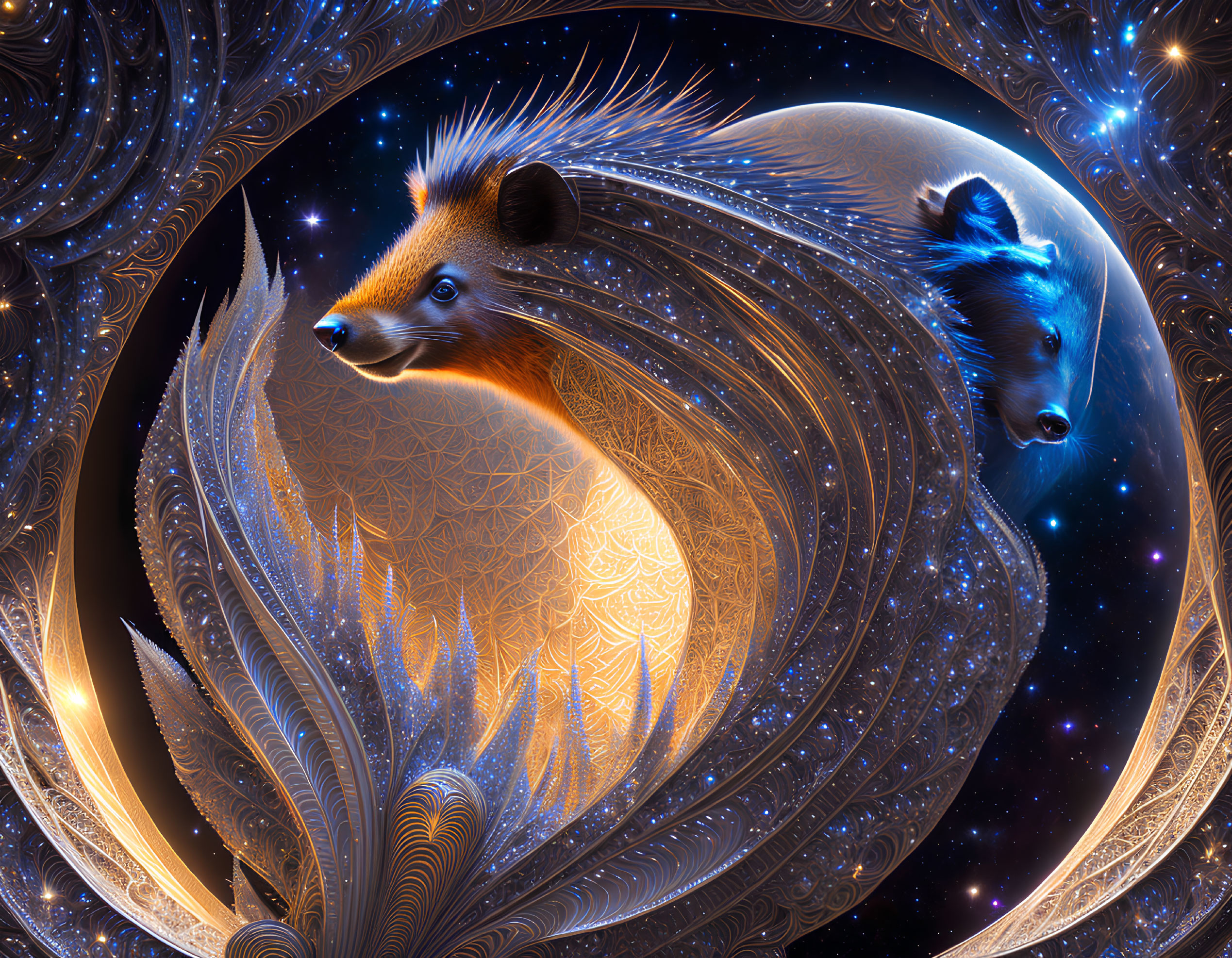 Surreal digital artwork: golden fox, blue bear, cosmic backdrop