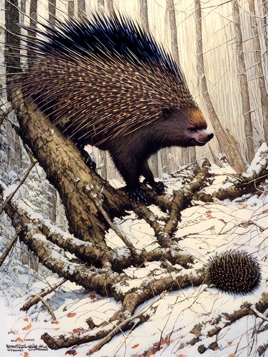 Large and small porcupines in snowy forest scene