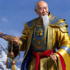 Elder man in royal blue and gold attire with white beard, holding beads, against cloudy sky