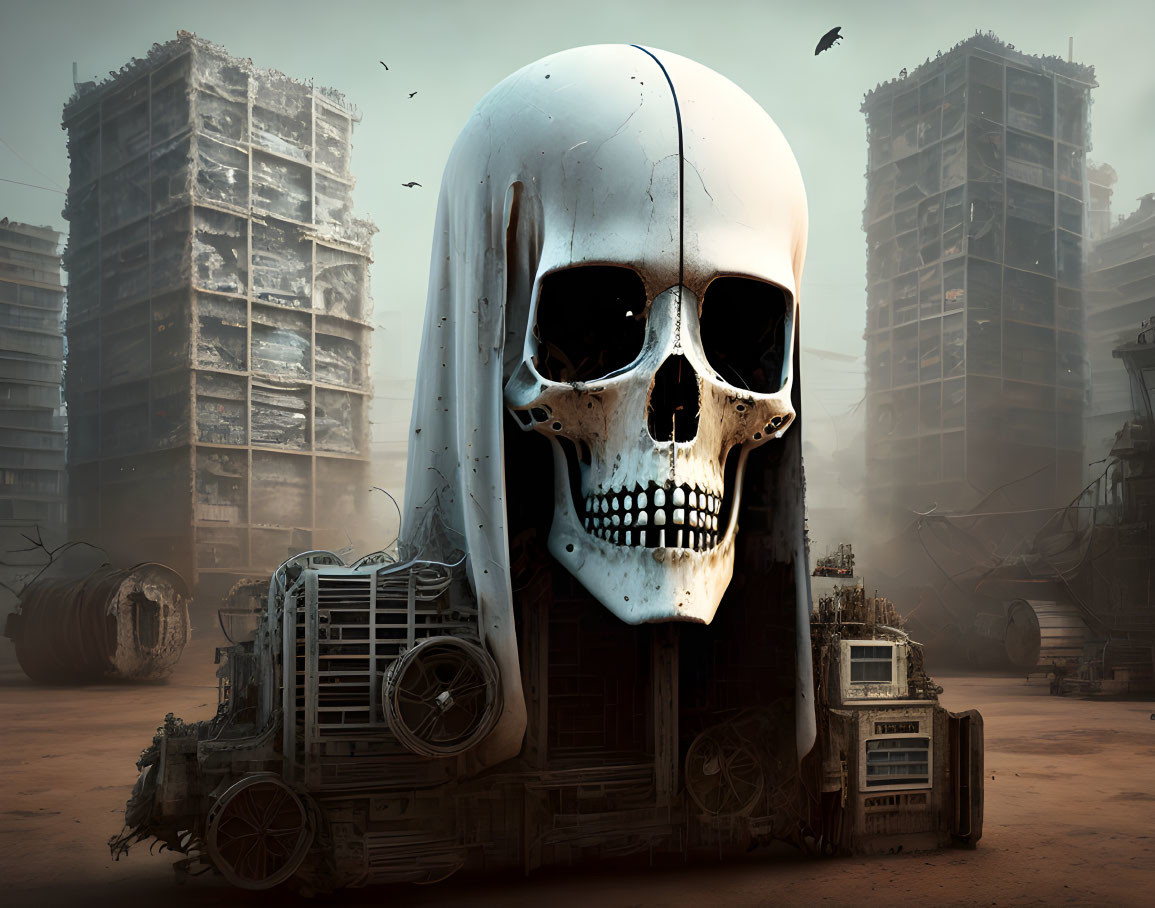 Mechanical skull structure in post-apocalyptic cityscape