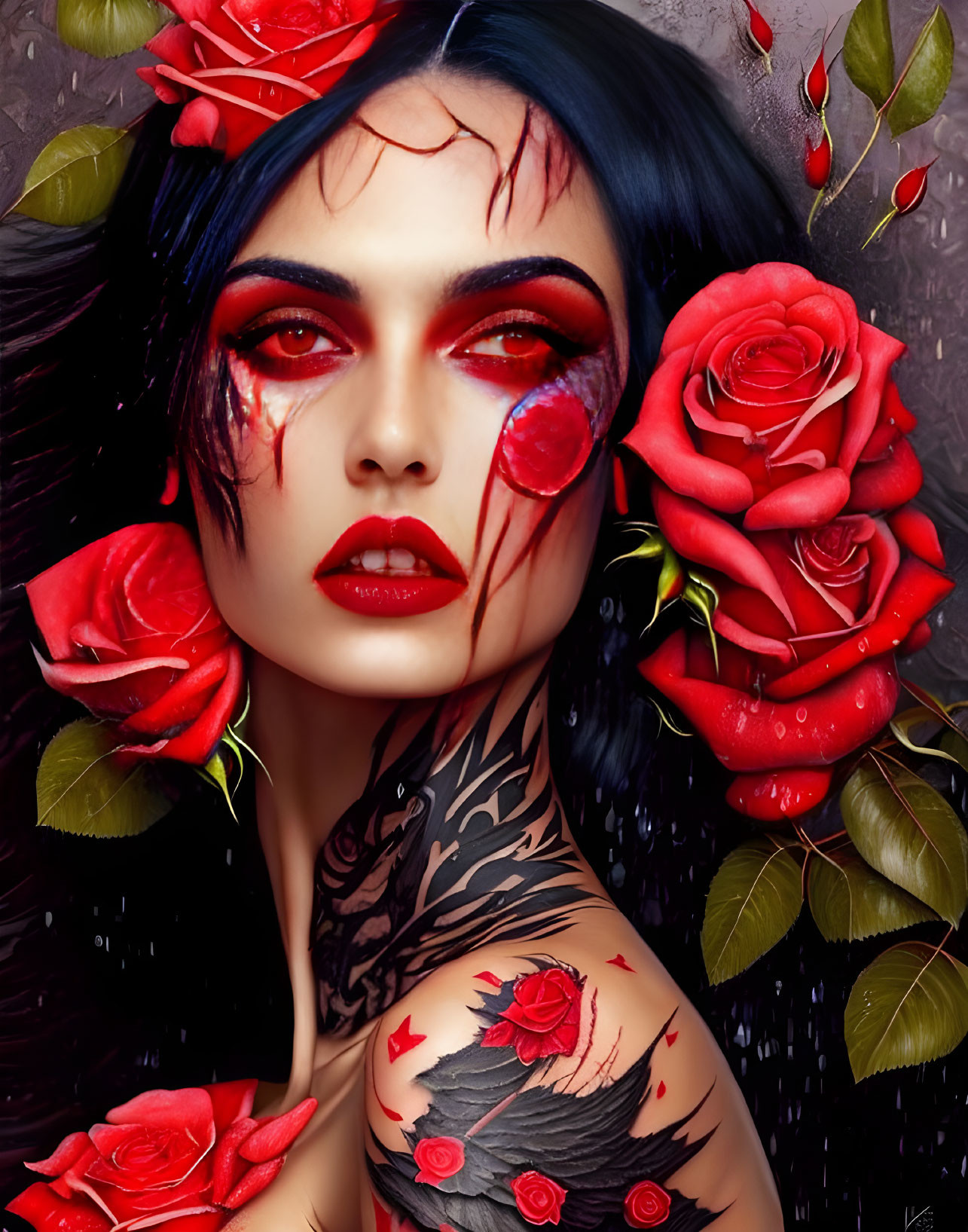 Raven-Haired Woman with Intense Makeup, Red Roses, and Bird Tattoo