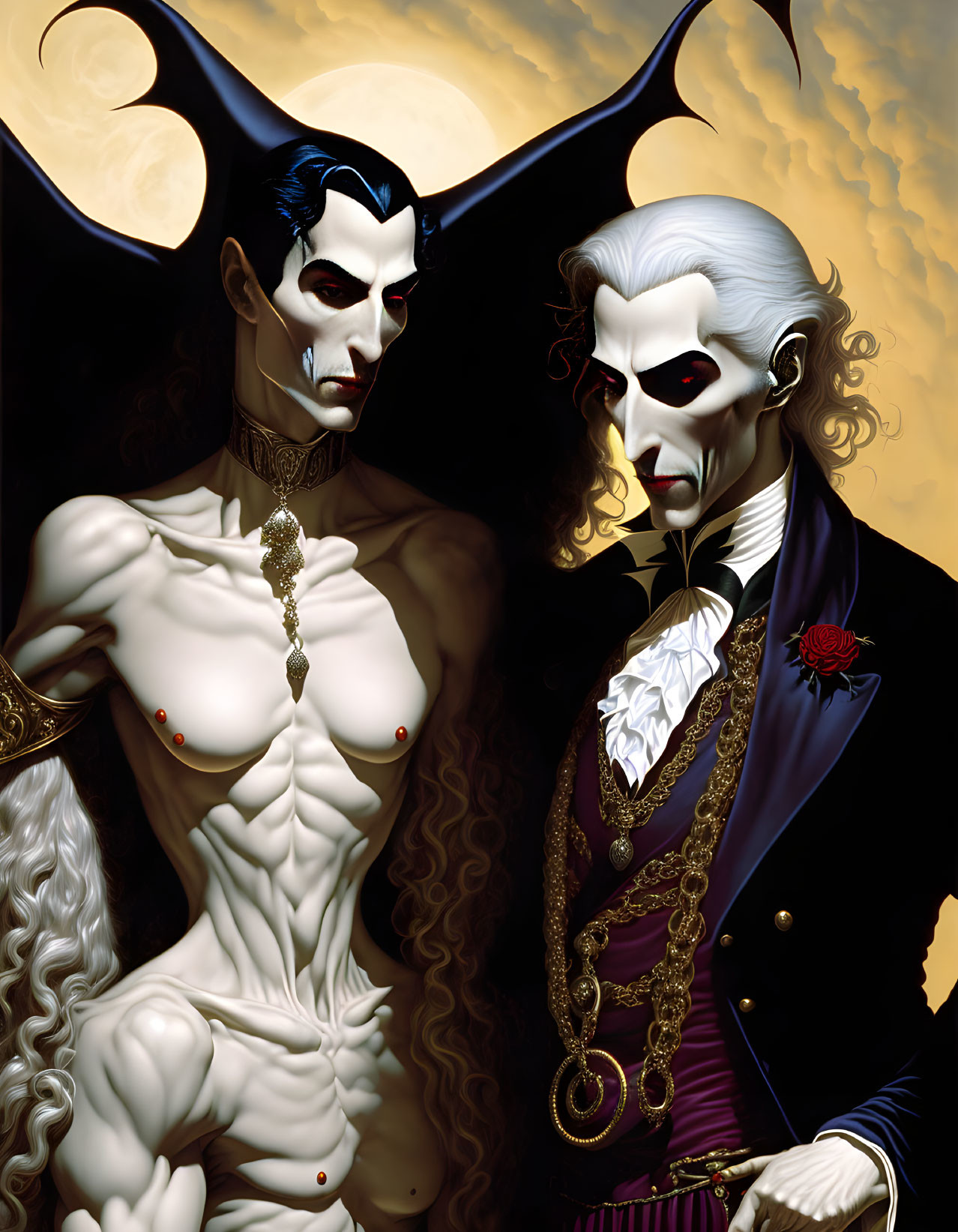 Stylized illustration of two vampiric figures under moonlit sky