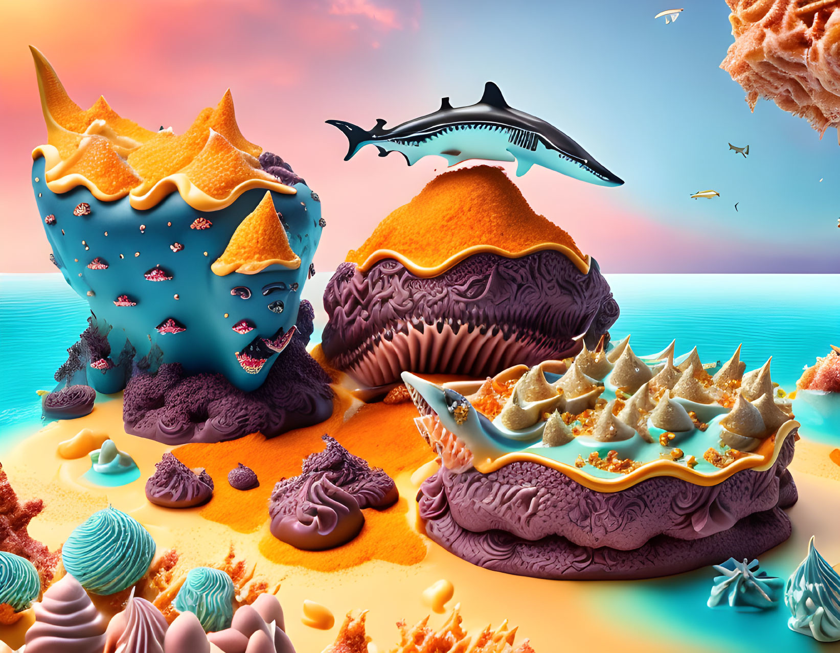 Colorful Stylized Marine Life in Surreal Coral Landscape