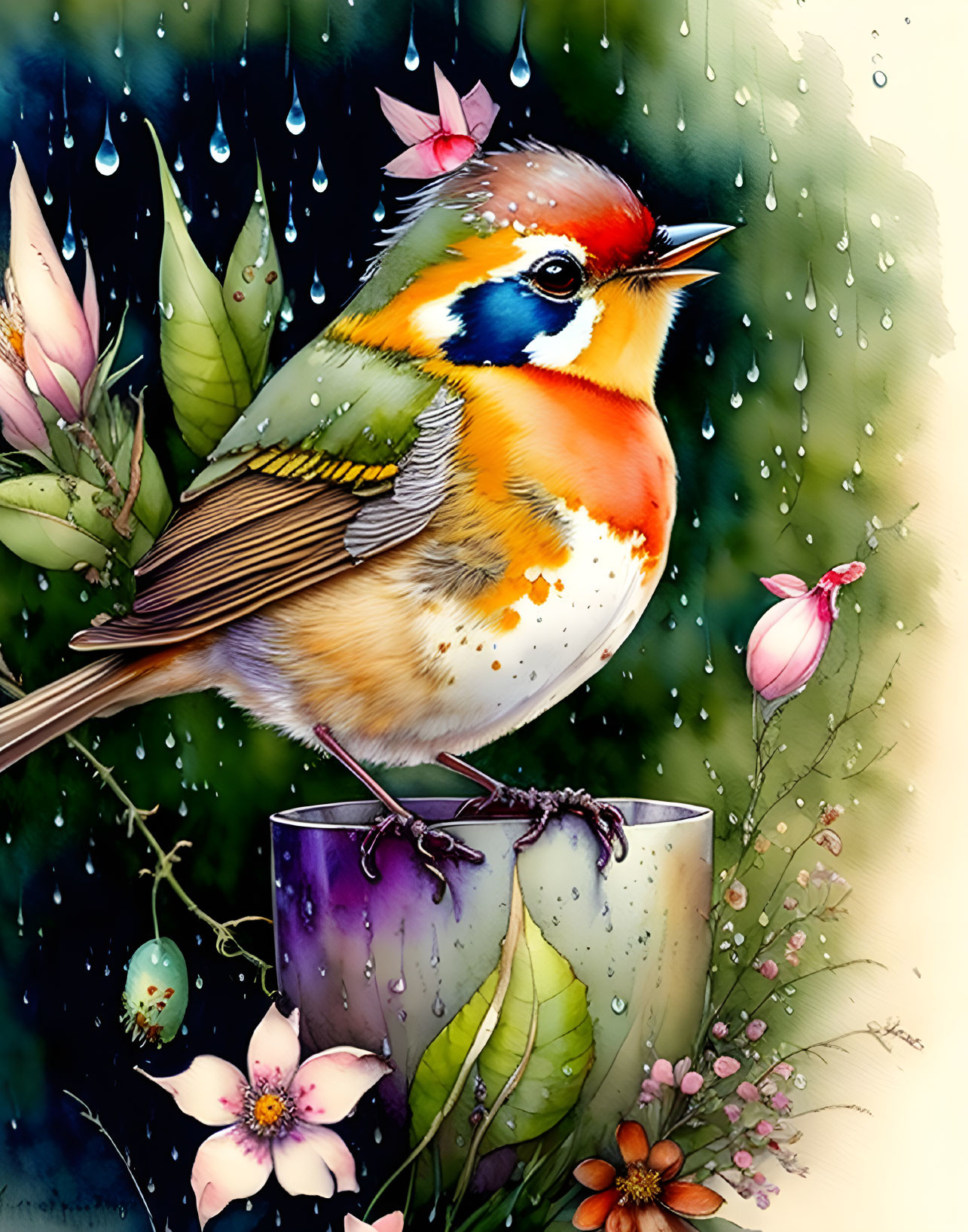 Colorful Bird Perched on Pipe with Raindrops, Leaves, Flowers, and Ornament