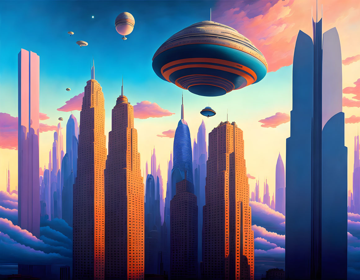 Futuristic cityscape with skyscrapers, floating vehicles, vibrant sunset sky