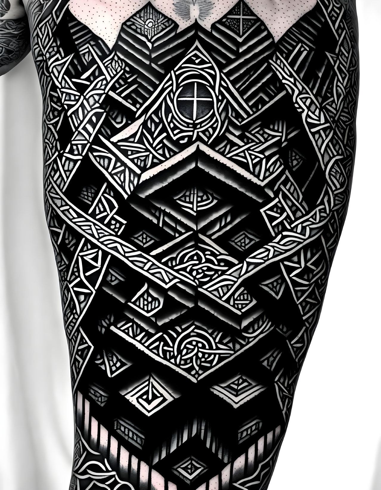 Detailed Black Ink Geometric & Polynesian Tribal Arm Tattoo