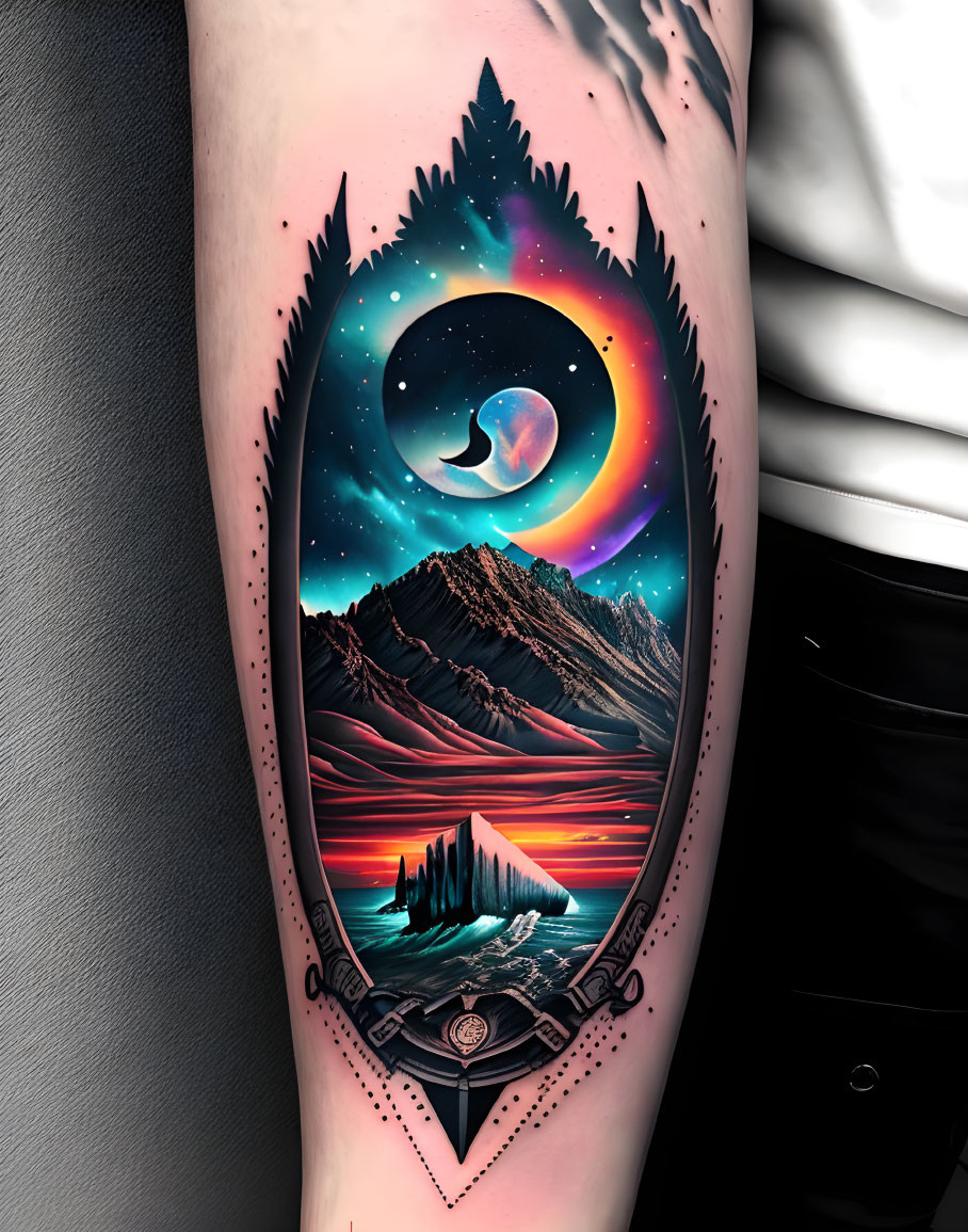 Colorful Leg Tattoo: Mountain Landscape, Cosmic Sky, Ornamental Frame