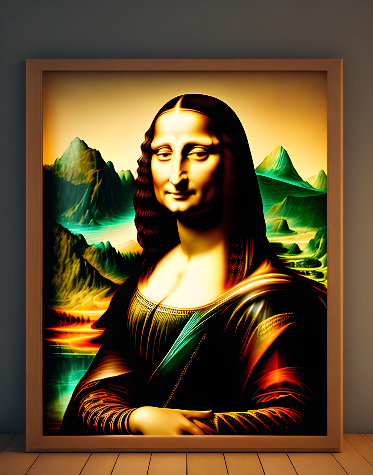 Stylized Mona Lisa image with artificial lighting against a mountainous backdrop in wooden frame
