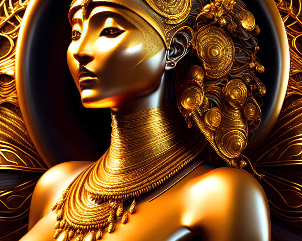Golden female figure with ornate headgear and jewelry on symmetrical background