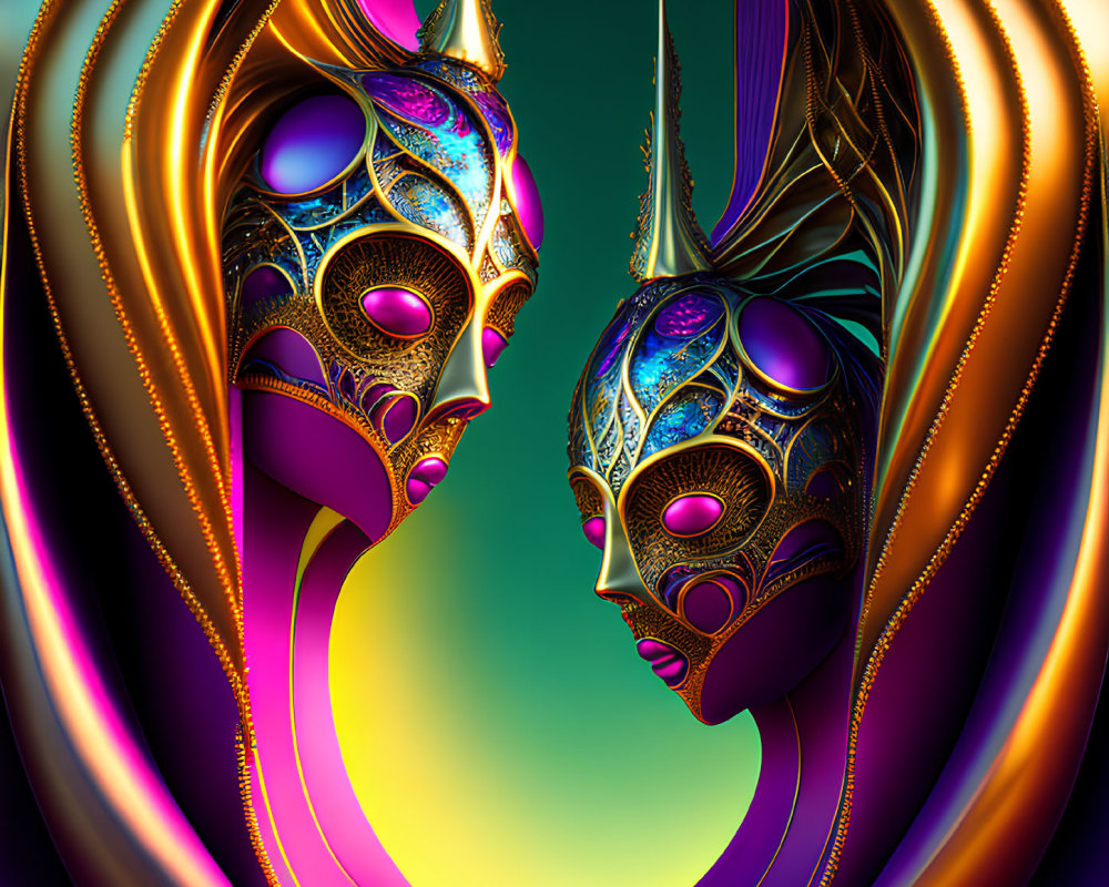 Colorful metallic masks with intricate designs on swirling background