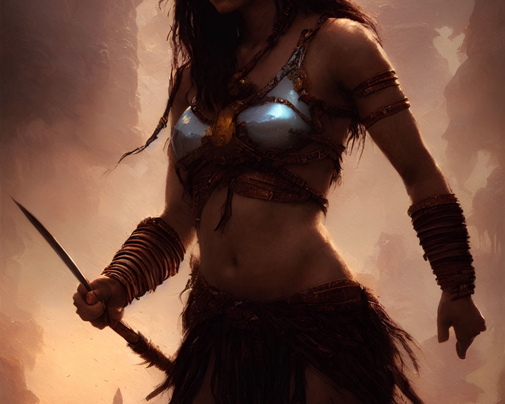 Warrior woman in metallic armor with dagger in warm-toned backdrop