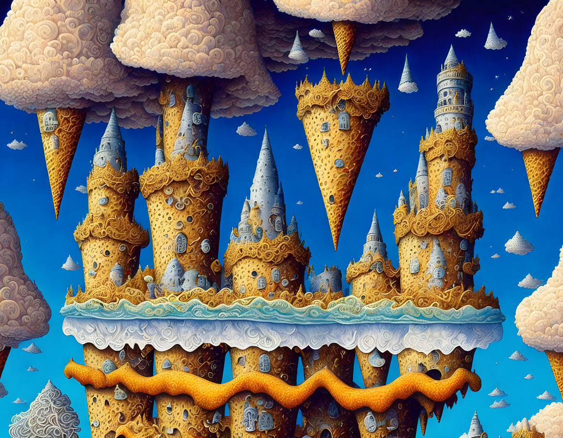 Fantasy castle scene with ice cream cone towers in clouds and orange bridges