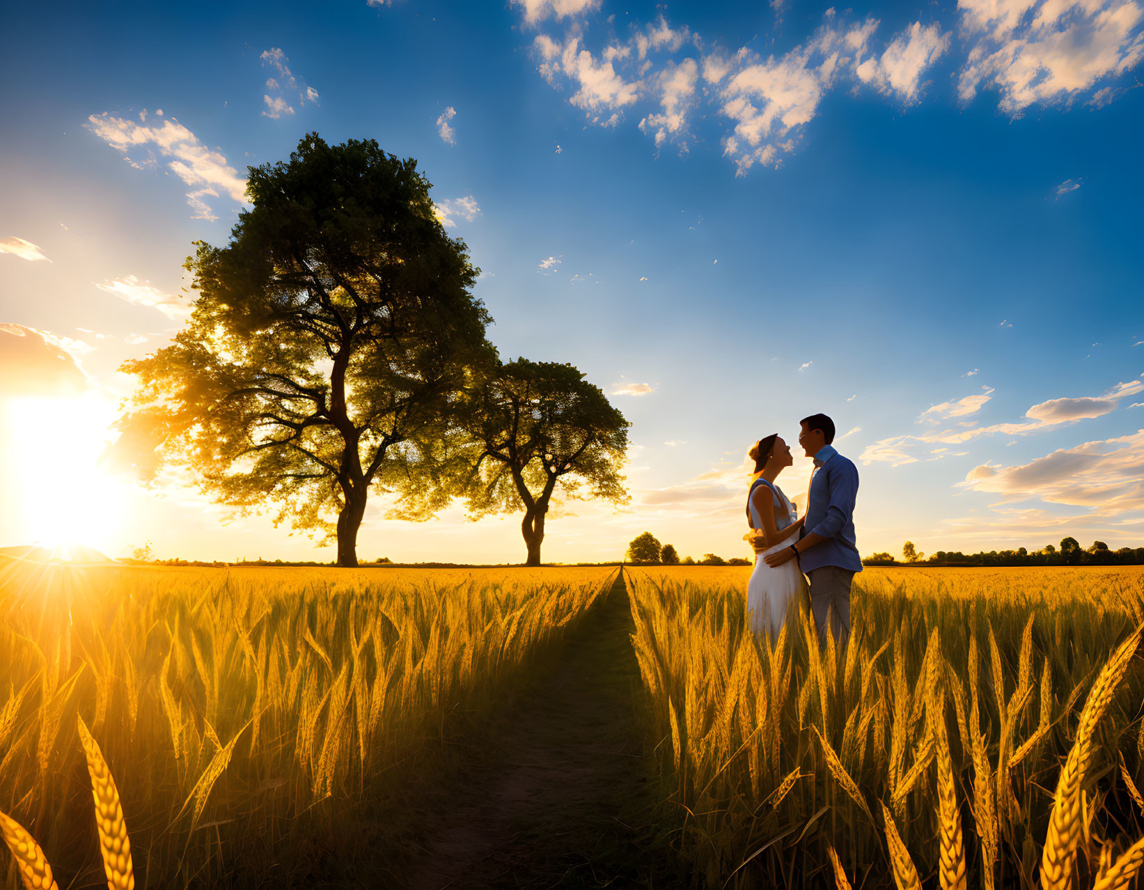 Couple in Golden Wheat Field at Sunset with Trees and Blue Sky