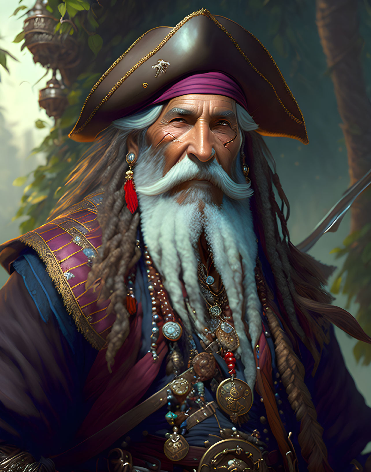Illustration of a pirate captain with blue bandana, braided beard, necklaces, and tr