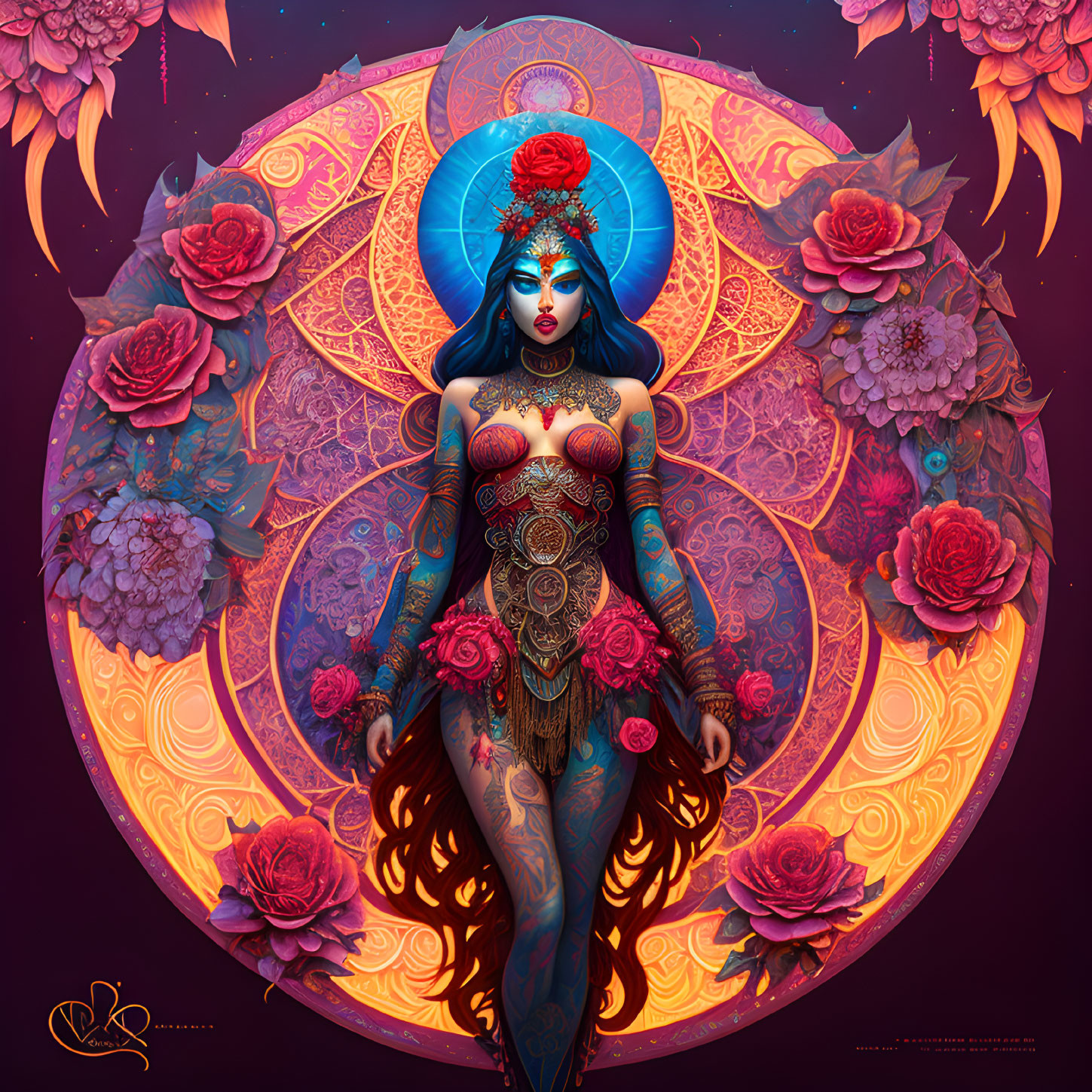 Stylized blue-skinned woman with ornate tattoos and red floral headpiece on mandala background