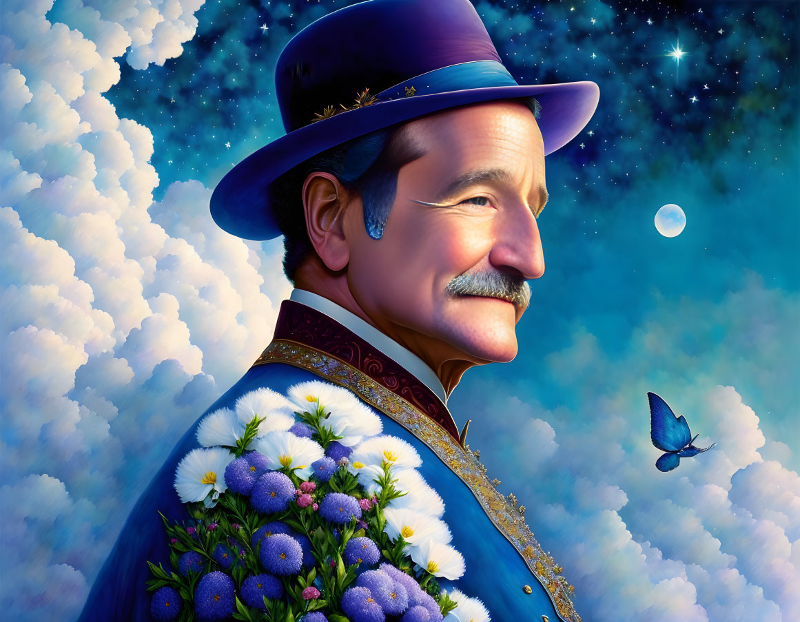 Colorful illustration of man with mustache in floral hat and coat, surrounded by moon, stars,