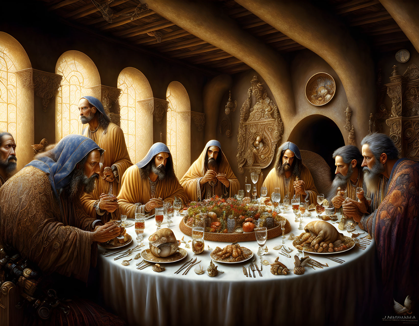 Historical figures in robes at ornate round table with food talking.
