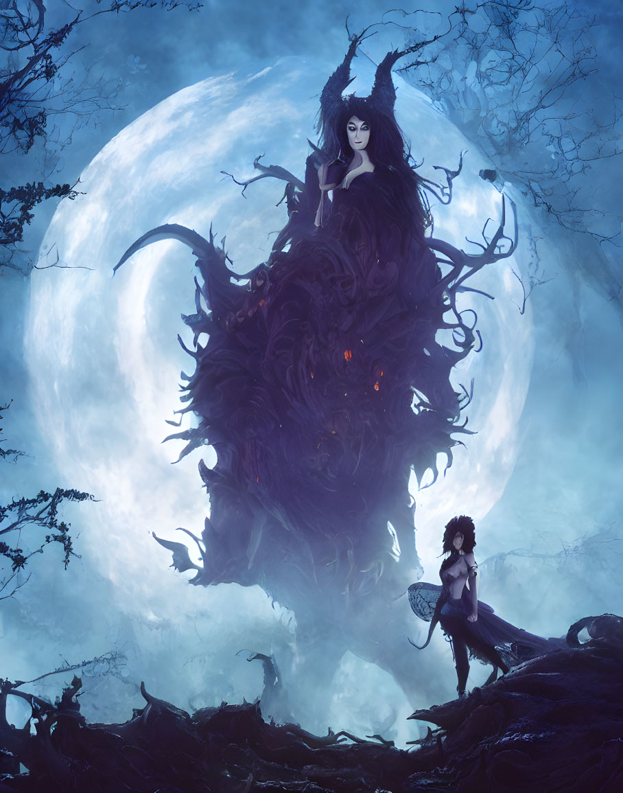Fantastical scene: Two characters, one atop dark creature, under full moon, other in mist
