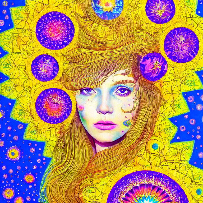 Colorful portrait of woman with flowing hair in psychedelic background