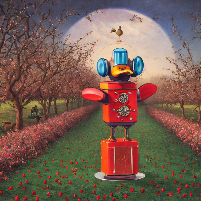 Colorful Vintage Robot with Bird in Orchard Under Moon