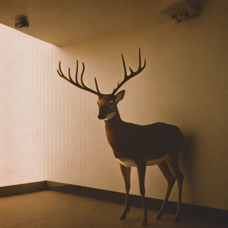 Solitary deer in dimly lit indoor setting with calm aura