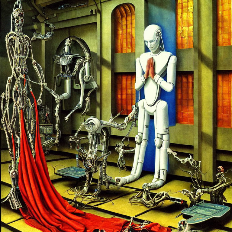 Surrealist robotic art scene with android in white bodysuit and assorted figures