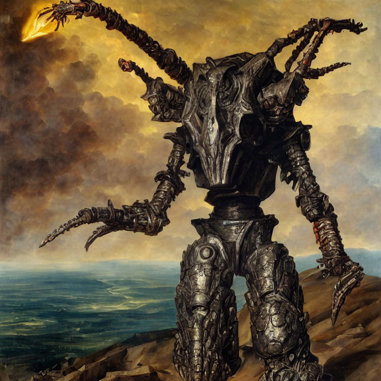 Gigantic multi-armed robot on rocky terrain under fiery sky