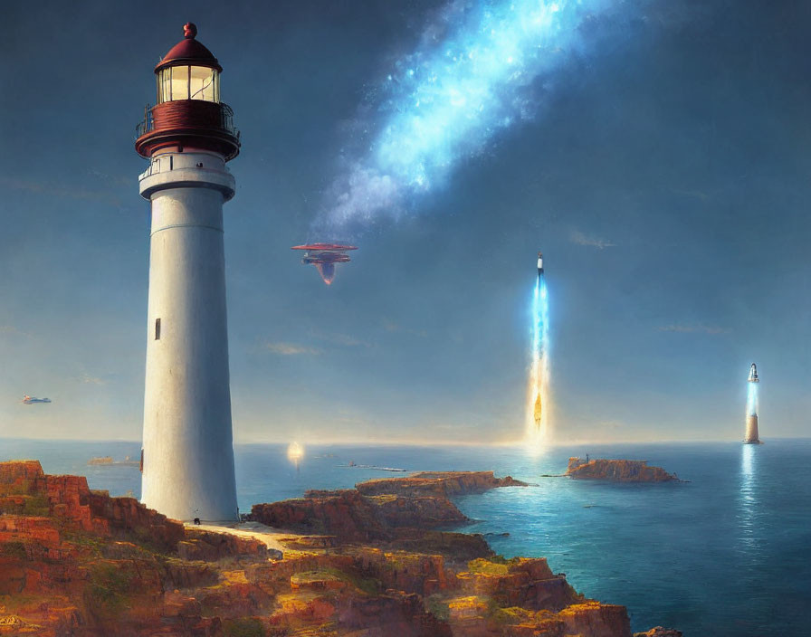 Coastal scene with lighthouse, dramatic skies, and mysterious spacecraft beams.