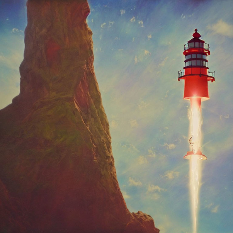 Vintage-style red and white striped lighthouse with beam of light against rocky formation and cloudy sky