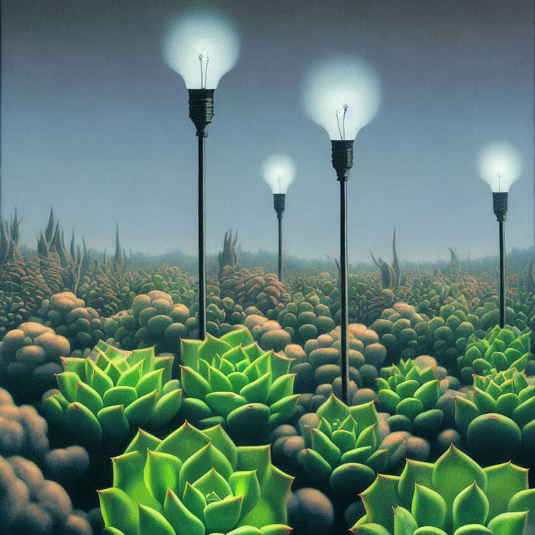 Surreal image: Glowing street lamps over geometric plants at dusk