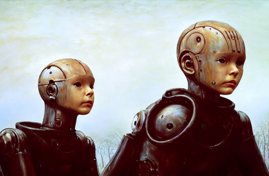 Detailed humanoid robots with child-like appearance under cloudy sky
