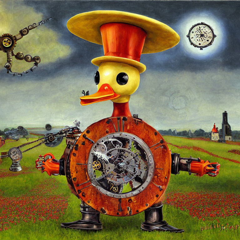Whimsical anthropomorphic duck painting with top hat in field
