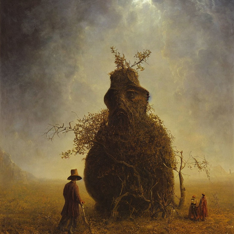 Giant anthropomorphic tree with face, person with hat, and barren landscape scene