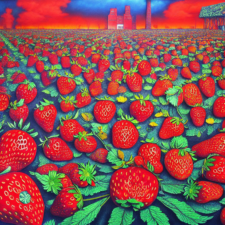 Red Strawberry Field Near Factories Under Orange Sky