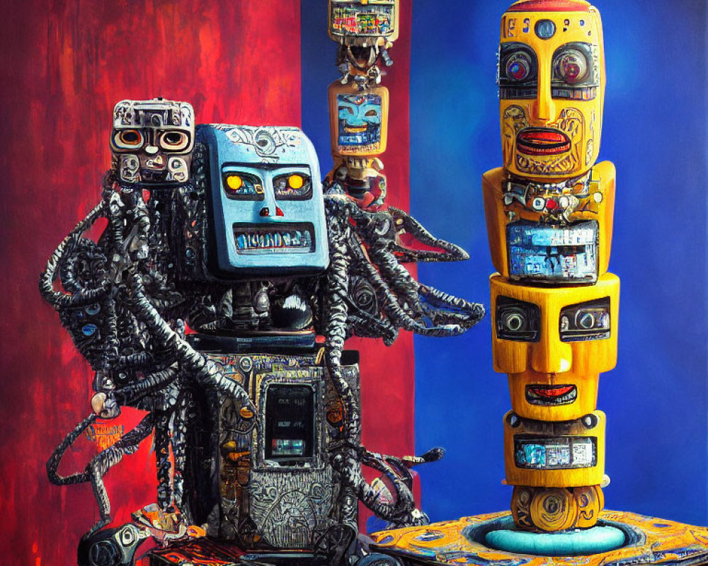 Vibrant Robot Sculptures with TV Screen Heads on Colorful Background