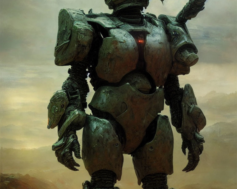 Detailed Mech Suit with Heavy Armor and Weapons in War-Torn Landscape