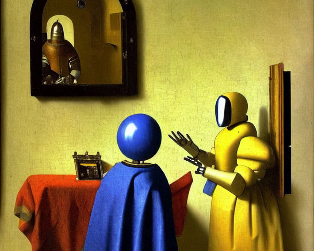 Blue and yellow humanoid figures gesture in room with mirrored knight