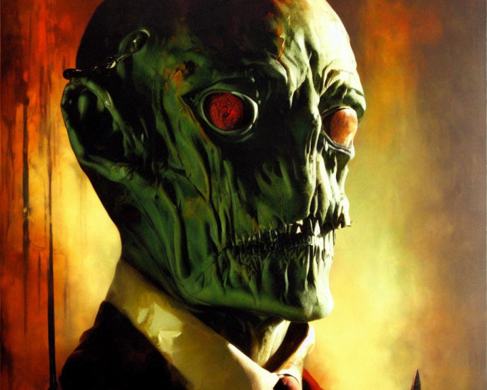 Zombified figure in suit with exposed skull and glowing red eye