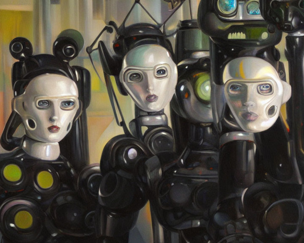 Three humanoid robots with expressive faces and detailed mechanical bodies in close proximity.