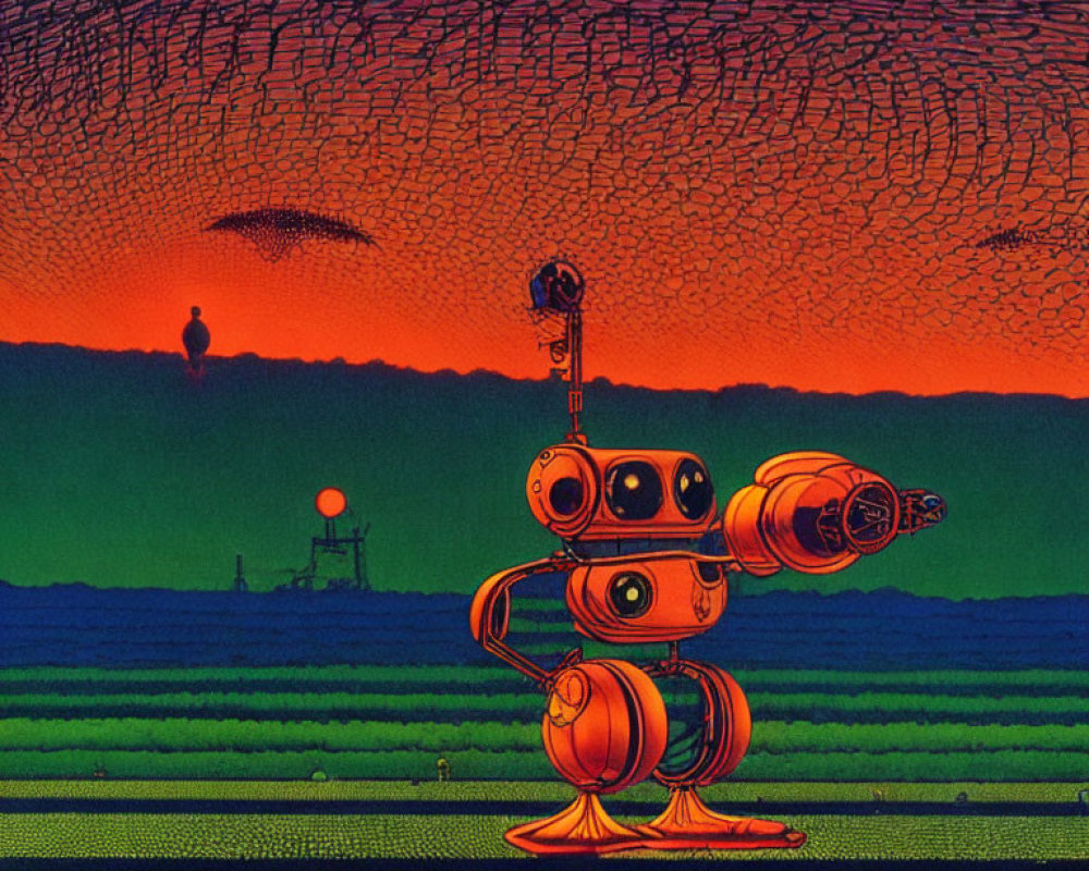 Retro-futuristic orange robot on green landscape with red sky and flying objects.