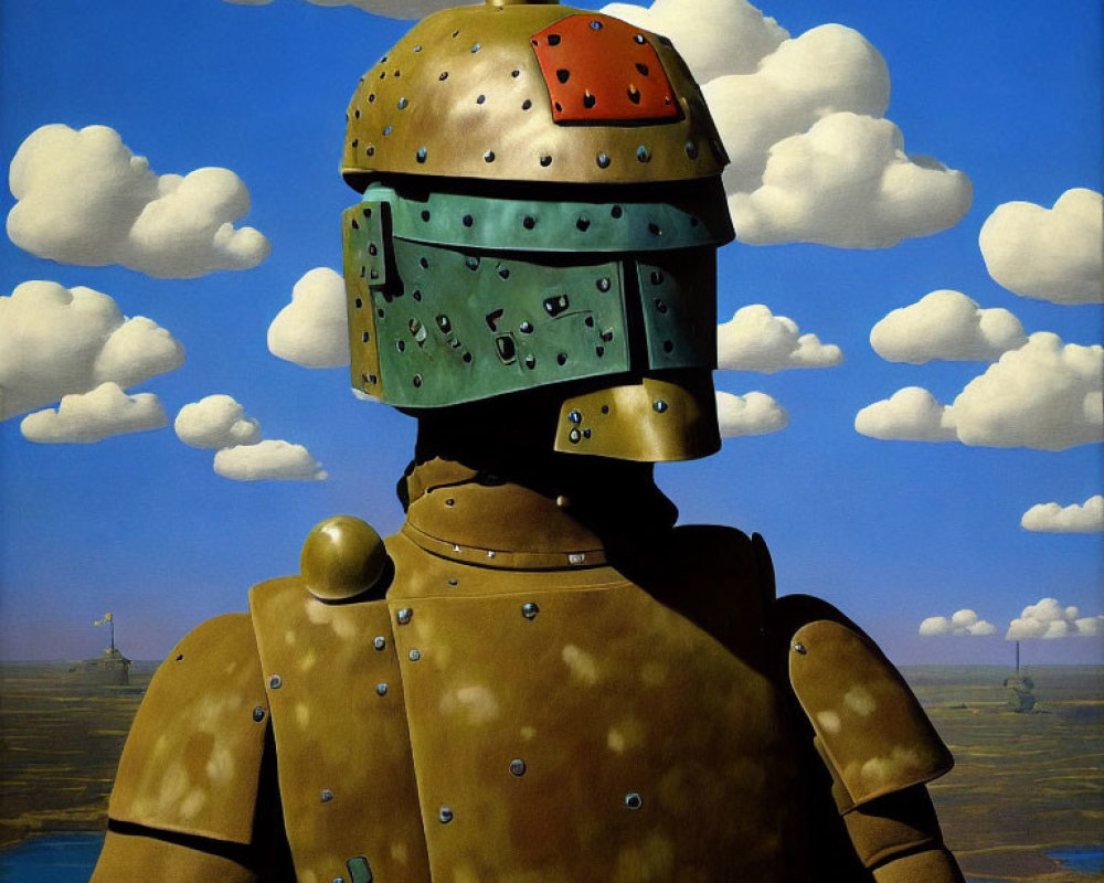 Surreal painting of knight with cubist-style helmet in colorful landscape