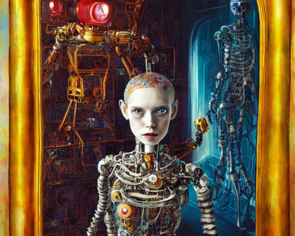 Intricate humanoid robot with human-like face near golden portal and skeletal robot.