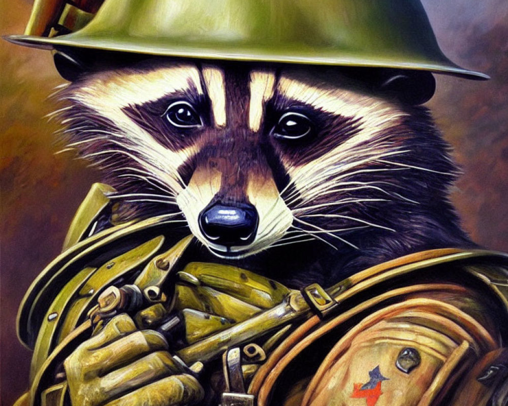 Military-themed raccoon illustration with green helmet, rifle, and red star uniform.