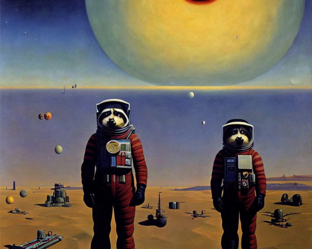 Astronauts in red suits on alien landscape with yellow planet and eclipse.