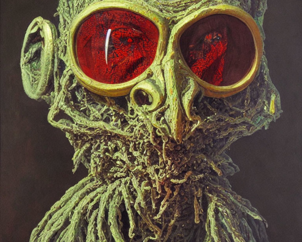Detailed Green Creature with Red Eyes and Glasses in Artistic Rendering