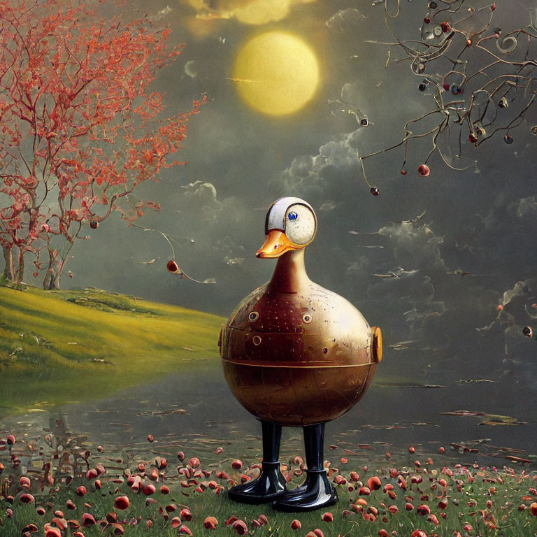Surreal painting: Mechanical duck, yellow sun, red tree, scattered fruits