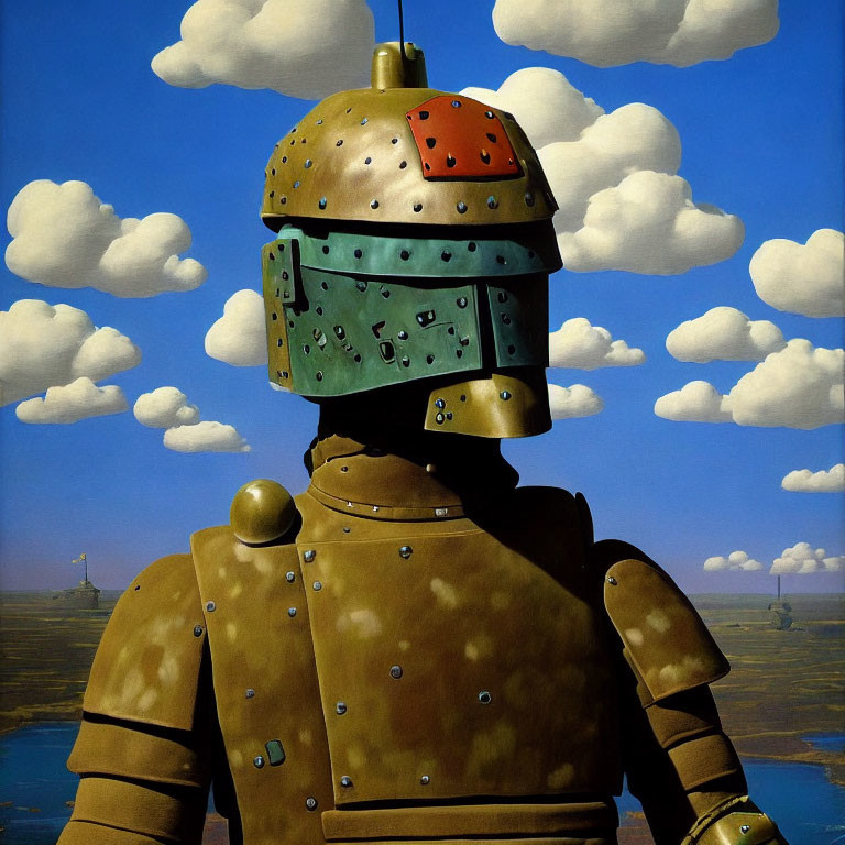 Surreal painting of knight with cubist-style helmet in colorful landscape