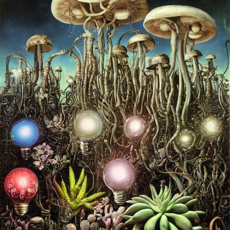 Surreal artwork: Mushrooms transforming into colorful light bulbs in dark, lush setting