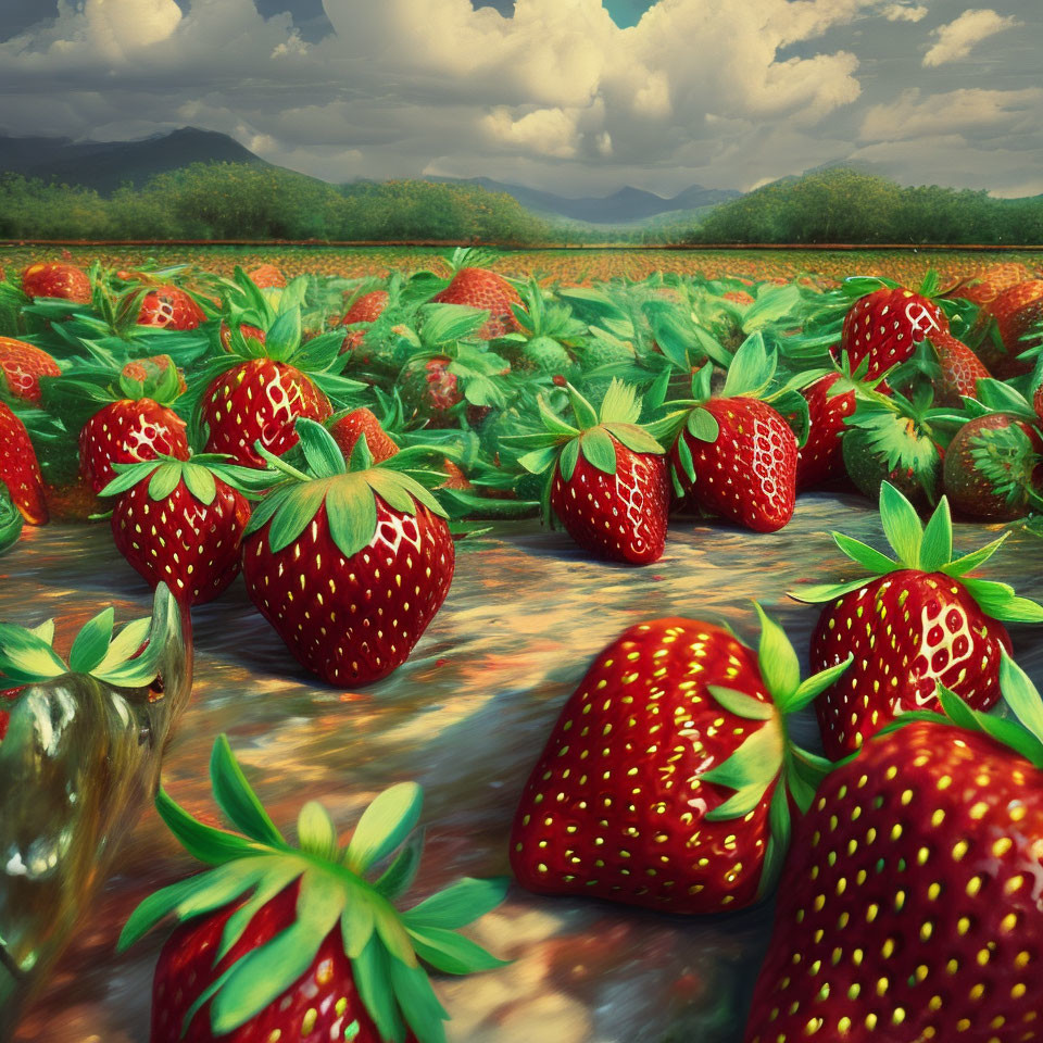 Scenic strawberry field with ripe berries and mountains under cloudy sky
